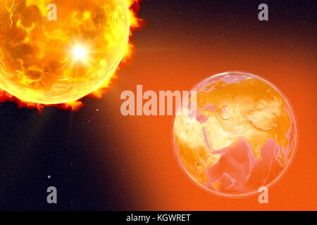 Illustration d'ordinateur montrant une éruption solaire frappant la Terre. La terre est centrée sur la péninsule Arabe. Éléments de cette image fournie par la NASA. Banque D'Images