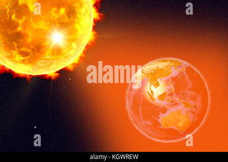 Illustration d'ordinateur montrant une éruption solaire frappant la Terre. La terre est centré sur l'Indonésie. Éléments de cette image fournie par la NASA. Banque D'Images