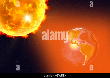 Illustration d'ordinateur montrant une éruption solaire frappant la Terre. La terre est centrée sur l'Amérique centrale. Éléments de cette image fournie par la NASA. Banque D'Images