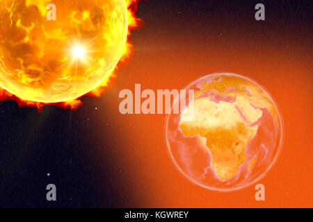 Illustration d'ordinateur montrant une éruption solaire frappant la Terre. La terre est centré sur l'Afrique. Éléments de cette image fournie par la NASA. Banque D'Images