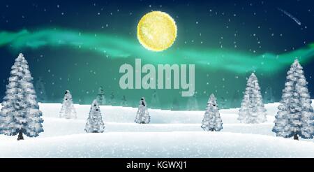 Nuit hiver neige forest hill avec aurora in sky Illustration de Vecteur