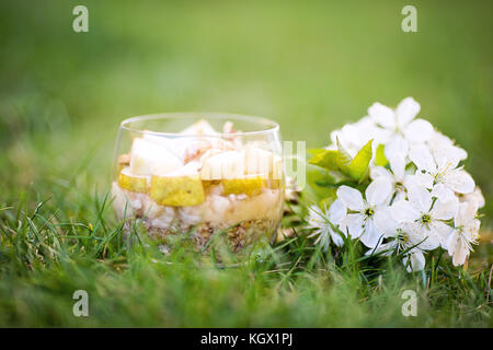 La bouillie de gruau aromatisé avec de la purée de banane, surmonté de tranches de poire, noix, amandes et miel, vue d'un côté, servi dans une table ronde en verre clair, outd Banque D'Images