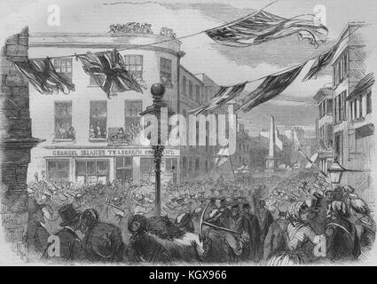 Célébration à Jersey de l'ouverture des îles Anglo-Normandes Telegraph 1858. L'Illustrated London News Banque D'Images