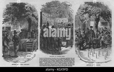 Attractions de Paris. Magasin de vin bon marché. Plastercasts de tir. Barrière de quilles 1855. L'Illustrated London News Banque D'Images