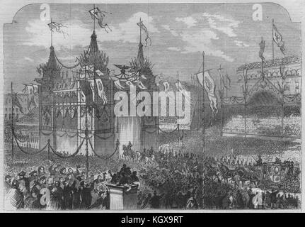 Couronnement. Roi de Prusse à l'Arc de triomphe, Alexander Platz, Berlin 1861. L'Illustrated London News Banque D'Images