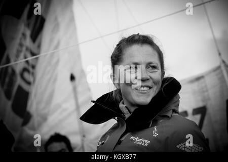 Skipper Portrait Noir et Blanc - Noir et blanc portrait de la batellerie. Samantha Davies Banque D'Images