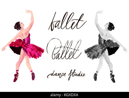 Ballerine aquarelle peinte à la main avec l'école de ballet de mots. dancer illustration. hand drawn. lettrage calligraphie ballet. Banque D'Images