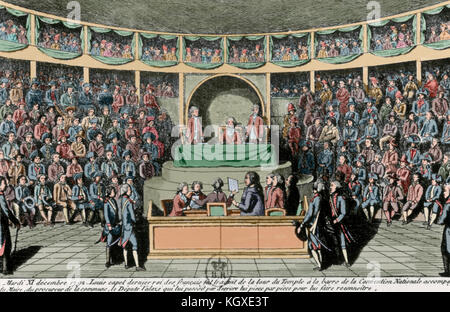 Révolution française (1789-1799). Convention nationale. L'interrogatoire du roi Louis XVI devant la Convention nationale, le 11 décembre 1792. Gravure en couleur. Banque D'Images