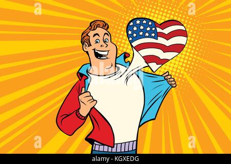 Fan de sport aime les USA. La fréquence cardiaque avec le drapeau du pays. comic cartoon style pop art retro vector illustration Illustration de Vecteur