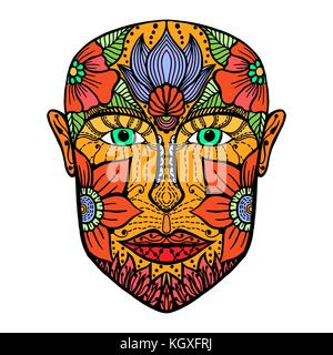 Face à l'homme de fleurs. page de coloriage pour adulte. illustration vectorielle. hand drawn étonnant portrait. L'amour de la Bohême concept pour part de mariage, carte, tic Illustration de Vecteur