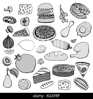 Vector hand drawn monochrome cartoon alimentaire ensemble d'objets et de symboles. Illustration de Vecteur