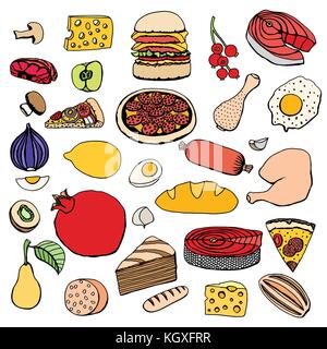 Colorful vector hand drawn cartoon alimentaire ensemble d'objets et de symboles. Illustration de Vecteur