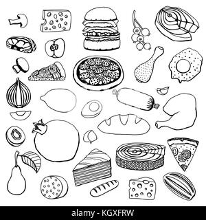 Vector hand drawn monochrome cartoon alimentaire ensemble d'objets et de symboles. Illustration de Vecteur