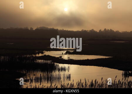 Coucher du soleil sur les terres humides dans les North Norfolk, au Royaume-Uni. la lumière du soleil reflétée dans les eaux des marais. wildfowl aire de nutrition. ciel voilé la lumière du soleil à travers la brume. Banque D'Images