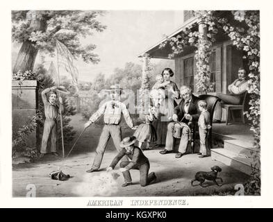 Vieille illustration famille américaine tandis que les garçons jouer Guerre de la Révolution américaine. Par auteur non identifié, publ. dans le U,S., c1859 Banque D'Images