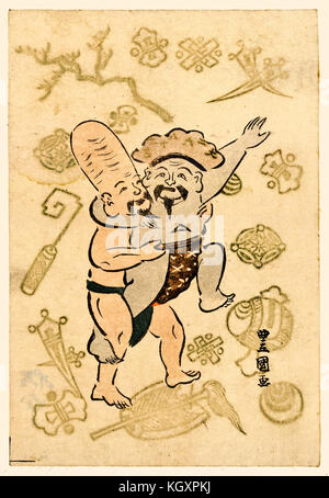 Vieille illustration et Daikoku Fukurokuju (lucky dieux du Japon) que les lutteurs de sumo. Par Utagawa Toyokuni, publ. ca 18931 Banque D'Images