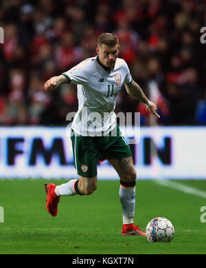 James McClean, de la République d'Irlande, lors de la coupe du monde de la FIFA, lors du match de qualification de la première jambe au stade Parken, à Copenhague. APPUYEZ SUR ASSOCIATION photo. Date de la photo: Samedi 11 novembre 2017. Voir PA Story FOOTBALL Republic. Le crédit photo devrait se lire comme suit : Tim Goode/PA Wire. . Banque D'Images