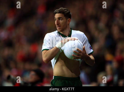 Stephen Ward, de la République d'Irlande, lors de la coupe du monde de la FIFA, lors du match de qualification de la première jambe au stade Parken, à Copenhague.APPUYEZ SUR ASSOCIATION photo.Date de la photo: Samedi 11 novembre 2017.Voir PA Story football Republic.Le crédit photo devrait se lire comme suit : Tim Goode/PA Wire.RESTRICTIONS : utilisation éditoriale uniquement, aucune utilisation commerciale sans autorisation préalable. Banque D'Images