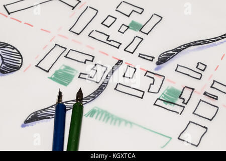 Collection de différents dessins architecturaux et croquis d'urbanisme Banque D'Images