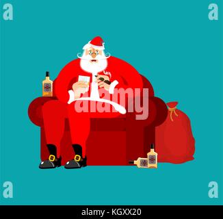 Père Noël sur une chaise et de boire du whisky et fumer un cigare. bu grand-père noël. repos. nouvelle année vector illustration Illustration de Vecteur