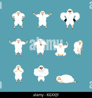 Jeu de moutons pose et motion. farm animal heureux et yoga. ewe et couchage en colère. coupable et triste. vector illustration Illustration de Vecteur