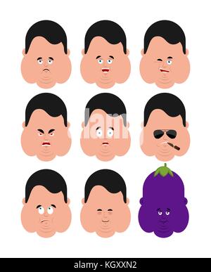 Jeu de matières grasses émotion avatar. triste et en colère face. coupable et dormir. stout guy dormir face emoji. ewe aubergine. vector illustration Illustration de Vecteur