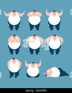 Jeu de pose et de graisse motion. stout guy heureux et yoga. grand homme dormir et en colère. coupable et triste. vector illustration Illustration de Vecteur