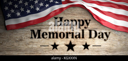 Drapeau froissé des États-Unis avec message heureux de jour de souvenir placé sur fond en bois. illustration 3d. Banque D'Images