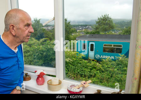 Rob Waistell qui est de couleur crème (bungalow) à Maesteg, Pays de Galles, Royaume-Uni, est gangrené par la renouée du Japon qui s'est étendu le long du chemin de fer. Banque D'Images