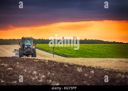 Agriculteur dans le tracteur pour préparer les terres avec cultivateur de semences Banque D'Images