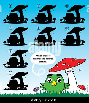 Vector illustration d'enfants d'éducation correspondant à l'ombre avec jeu cute cartoon bird et champignons Illustration de Vecteur