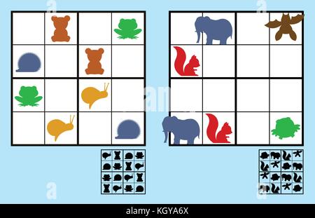 Jeu de sudoku pour les enfants avec des animaux. Les enfants Fiche d'activités de formation. la logique, jeu éducatif Illustration de Vecteur