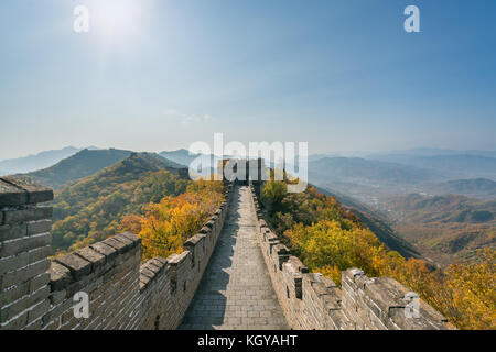 La grande muraille de chine vue lointaine tours comprimé et segments de mur saison d'automne dans les montagnes près de Beijing chine ancienne militaire l'enrichissement Banque D'Images