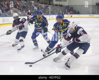 En Floride, aux États-Unis. 10 Nov, 2017. LOREN ELLIOTT | fois .Le United States' Gigi Marvin (19) bat le Nylen-Persson Maja (19) le palet au cours de la première période d'un Quatre Nations Cup Match de hockey entre les États-Unis et l'équipe nationale féminine de la Suède à Florida Hospital Centre Ice dans Wesley Chapel, en Floride, le vendredi 10 novembre, 2017. Credit : Loren Elliott/Tampa Bay Times/ZUMA/Alamy Fil Live News Banque D'Images