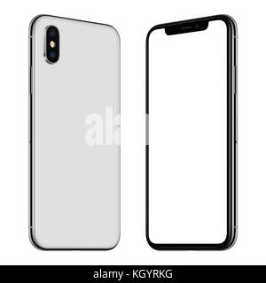 Smartphone tourné comme iPhone X immersive avant et arrière. Nouveau smartphone tourné sans cadre blanc immersive avec écran blanc et l'arrière. Banque D'Images