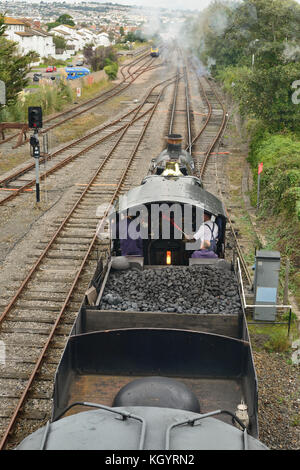 En vue de dessus la cabine de GWR Pas Lydham 7827 Manor, près de la gare de Paignton sur le chemin de fer à vapeur de Dartmouth. Banque D'Images