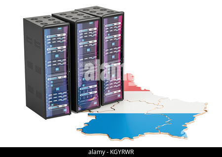 Racks de serveurs de centre de données au Luxembourg concept, rendu 3D isolé sur fond blanc Banque D'Images