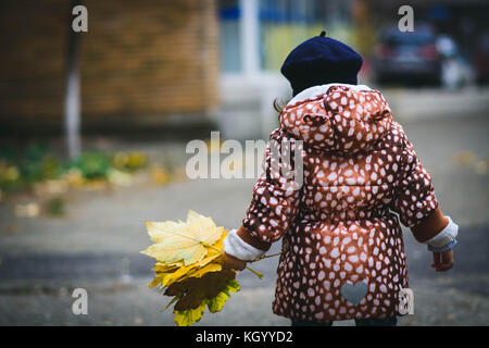 La collecte des feuilles mortes de l'enfant à partir du sol. enfant profiter de l'automne Banque D'Images