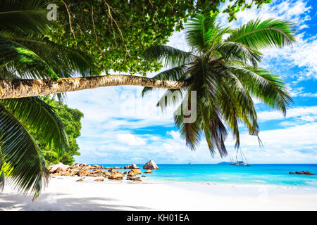 Catamarans à Anse Lazio sur les seychelles. L'eau turquoise, rochers de granit dans le sable blanc sur Paradise beach Banque D'Images