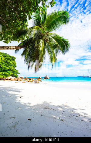 Catamarans à Anse Lazio sur les seychelles. L'eau turquoise, rochers de granit dans le sable blanc sur Paradise beach Banque D'Images