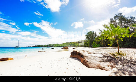 Catamarans à Anse Lazio sur les seychelles. L'eau turquoise, rochers de granit dans le sable blanc sur Paradise beach Banque D'Images