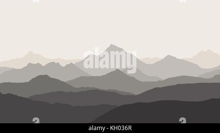 Vue panoramique sur le paysage de montagne avec du brouillard dans la vallée ci-dessous avec l'alpenglow ciel gris - vector Illustration de Vecteur