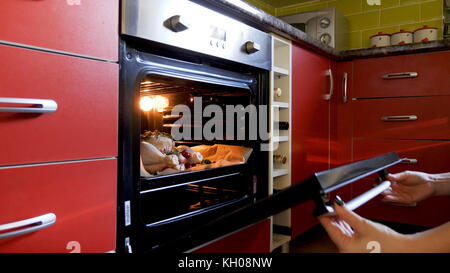 En plaçant les mains des femmes poulet entier cru sur plateau dans un four pour la cuisson. Banque D'Images