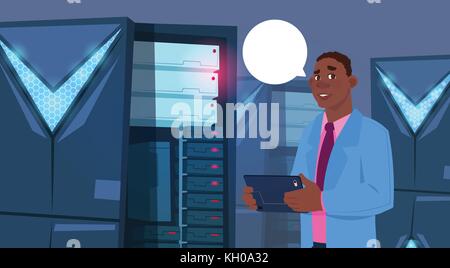 Business Man working on digital tablet in modern centre de base de données ou serveur ingénieur d'affaires chambre Illustration de Vecteur