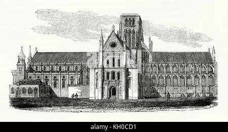 Gravure ancienne montrant la première cathédrale St Paul c. 1600. St Paul's est la cathédrale médiévale de la ville de Londres que, jusqu'à 1666, se tenait sur le site de la cathédrale actuelle. Construit de 1087 à 1314, il avait l'un des plus hauts clochers. En 1561 la spire avait pris feu et est tombé à travers le toit de la nef - il n'a jamais remplacé (comme cette illustration montre) Banque D'Images