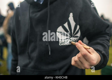 Les gens soufflés beaucoup d'articulations à la Smoke Cannabis Day annuelle à Hyde Park à Londres. Ici, un gars fume un spliff roulé à la main. ROYAUME-UNI 20/04 2014. Banque D'Images