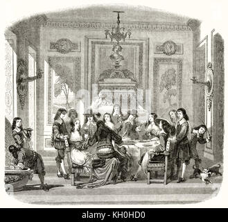 Vieille illustration dépeignant des personnes ayant un repas ; la France sous Louis XIV la règle. Après Lepautre, publ. sur Magasin Pittoresque, Paris, 1847 Banque D'Images