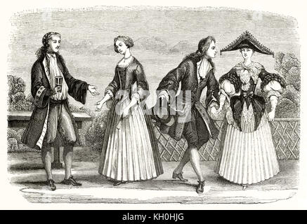 Vieille illustration de mode de Strasbourg en 1706. Par auteur non identifié, publ. sur Magasin Pittoresque, Paris, 1847 Banque D'Images