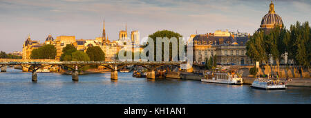 Vue panoramique sur la Seine et Rive Gauche au coucher du soleil avec l'Ile de la cité, le Pont des arts et l'Institut français. Paris, France Banque D'Images