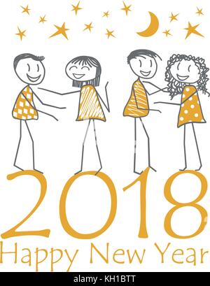 Les gens souhaitent mutuellement une bonne année sous un ciel étoilé avec la lune Illustration de Vecteur